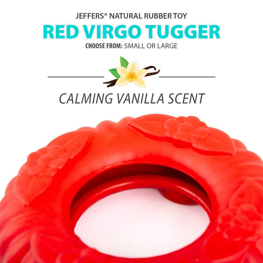 Red tugger dog toy ring with textured ridges and center opening