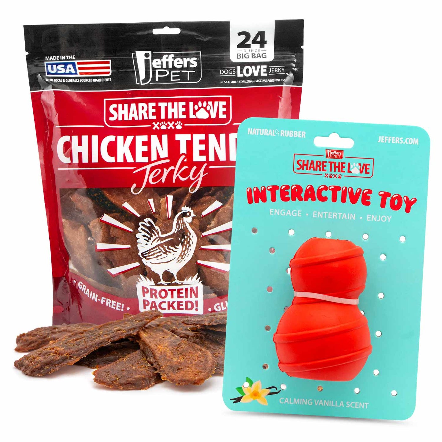 Jeffers Stuffable Dog Chew Toy + Chicken Breast Jerky Treats Kit | Natural Rubber | 9 Shapes | 24 oz Jerky