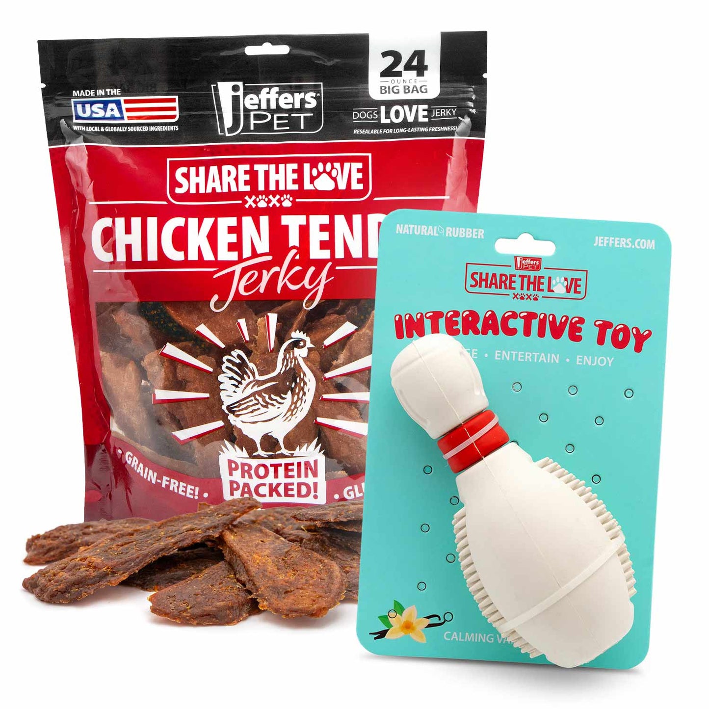 Jeffers Stuffable Dog Chew Toy + Chicken Breast Jerky Treats Kit | Natural Rubber | 9 Shapes | 24 oz Jerky