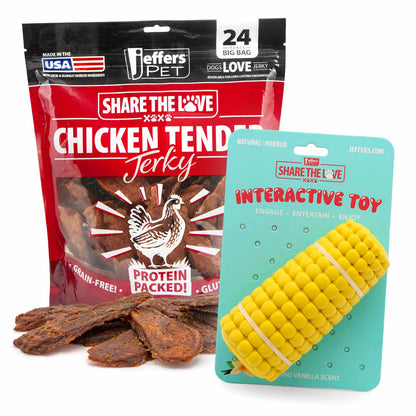 Jeffers Stuffable Dog Chew Toy + Chicken Breast Jerky Treats Kit | Natural Rubber | 9 Shapes | 24 oz Jerky