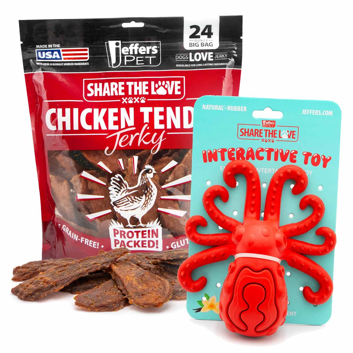 Jeffers Stuffable Dog Chew Toy + Chicken Breast Jerky Treats Kit | Natural Rubber | 9 Shapes | 24 oz Jerky