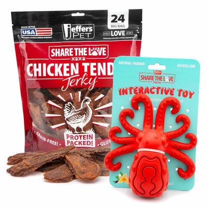 Jeffers Stuffable Dog Chew Toy + Chicken Breast Jerky Treats Kit | Natural Rubber | 9 Shapes | 24 oz Jerky