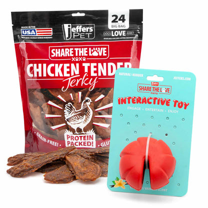 Jeffers Stuffable Dog Chew Toy + Chicken Breast Jerky Treats Kit | Natural Rubber | 9 Shapes | 24 oz Jerky