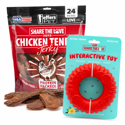 Jeffers Stuffable Dog Chew Toy + Chicken Breast Jerky Treats Kit | Natural Rubber | 9 Shapes | 24 oz Jerky