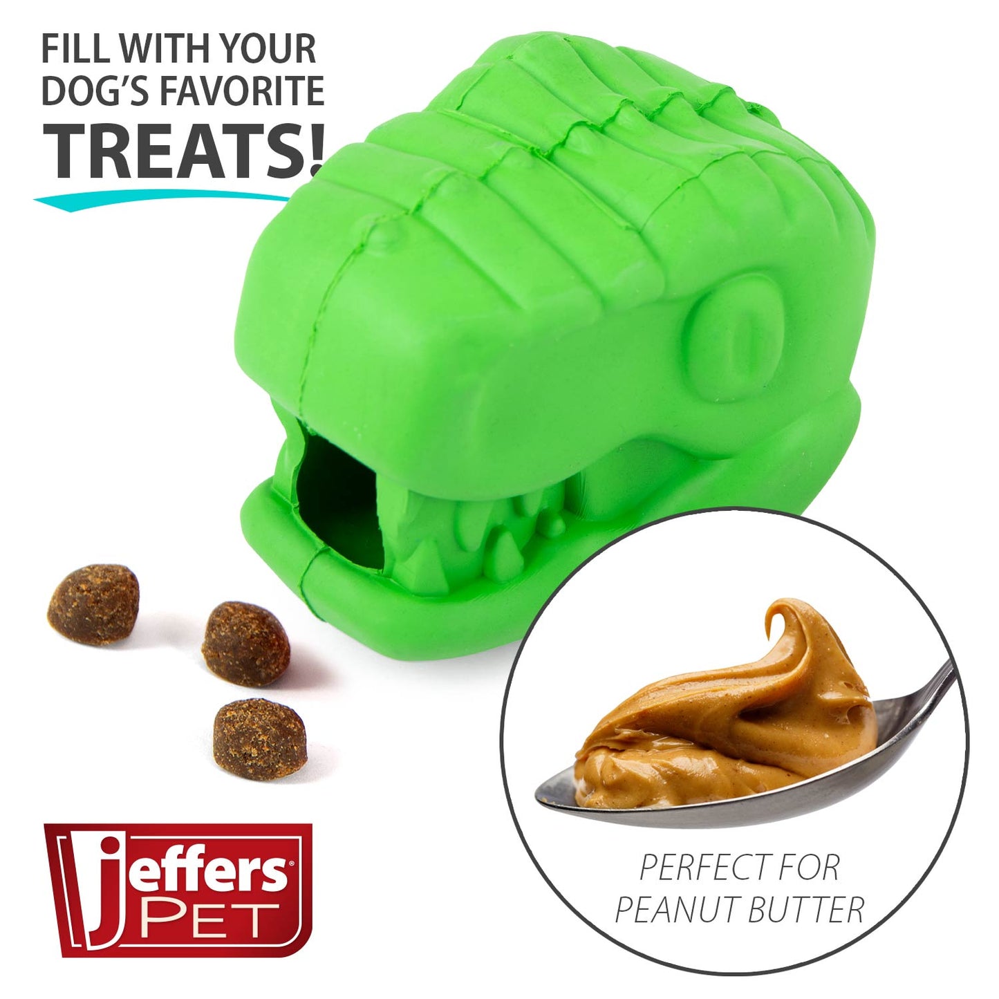 Jeffers T-Rex Dog Chew Toy | Treat Dispenser | Natural Rubber | Green | Small, Medium or Large | 1 or 2 Pack