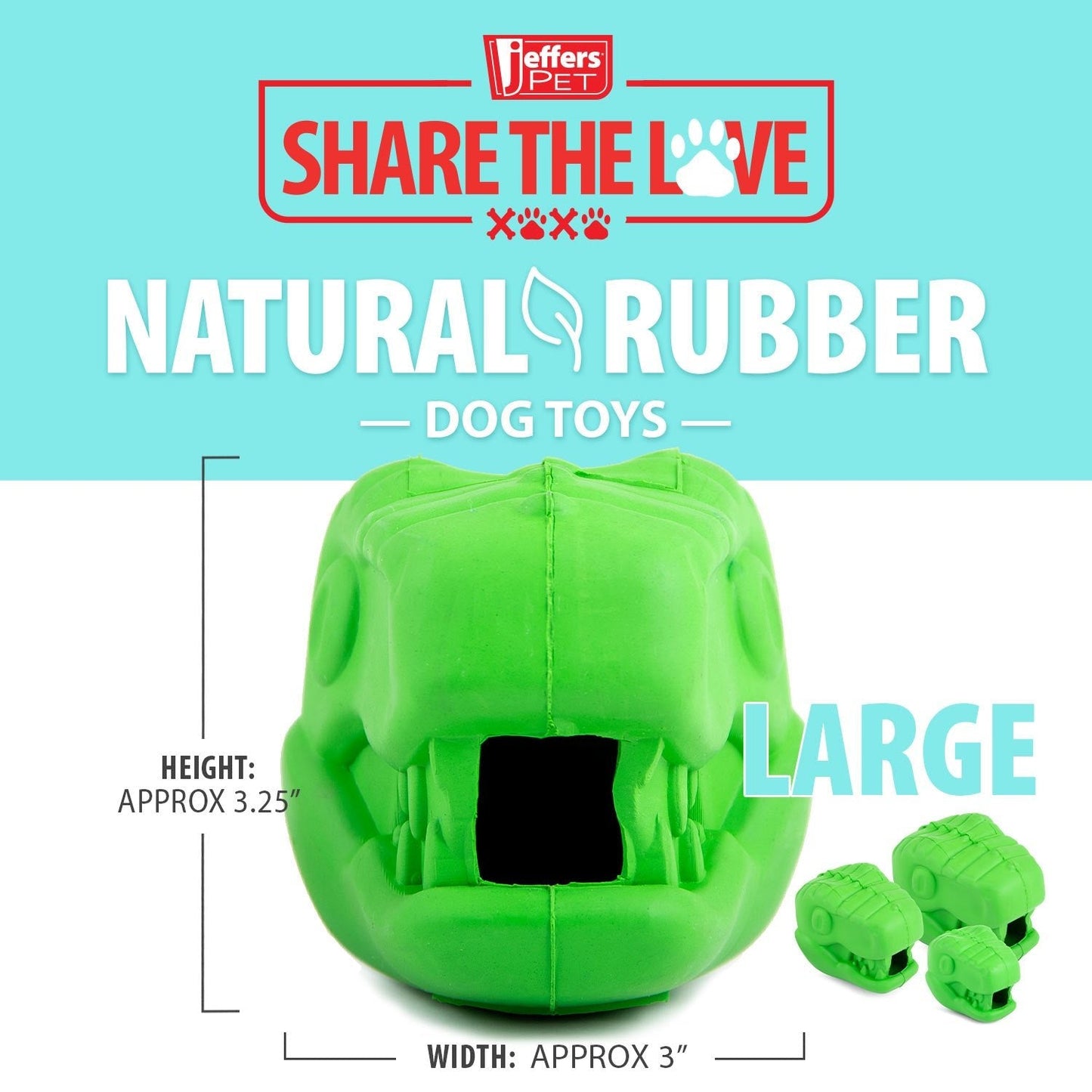 Jeffers T-Rex Dog Chew Toy | Treat Dispenser | Natural Rubber | Green | Small, Medium or Large | 1 or 2 Pack