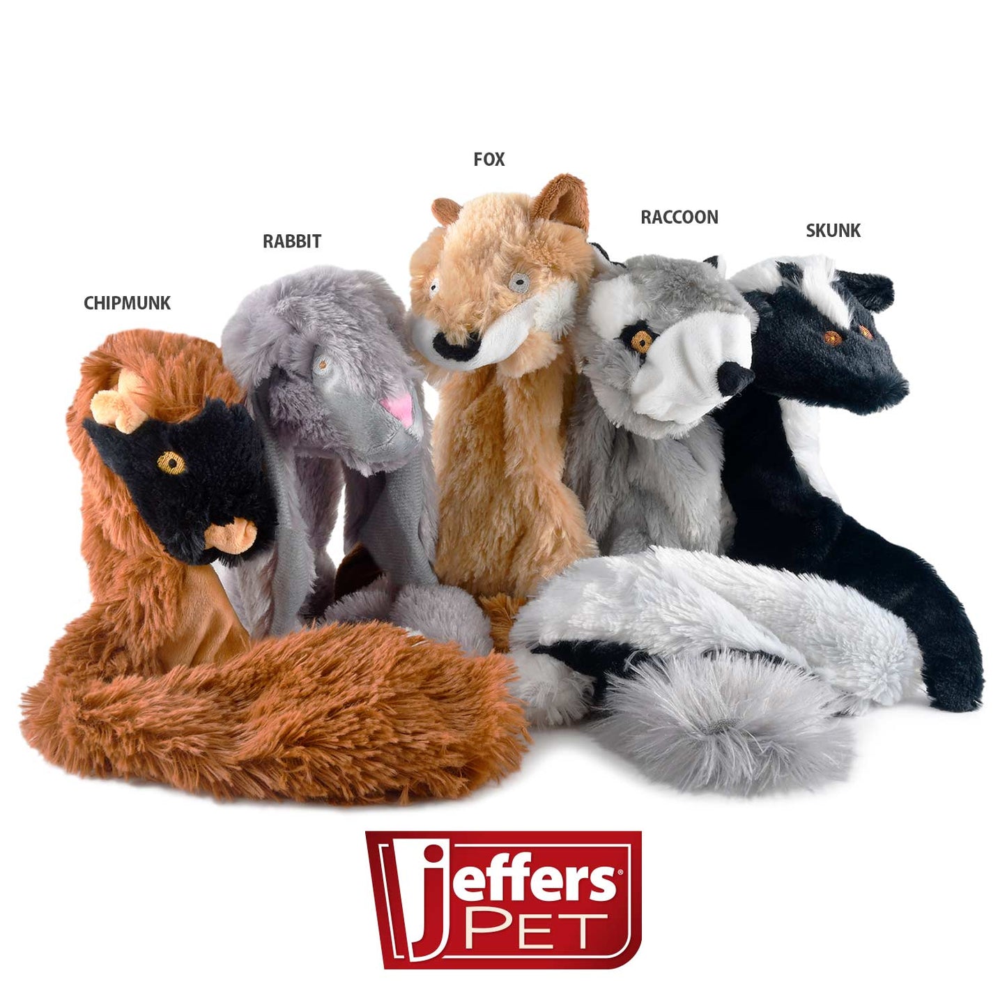 Jeffers Thinnies Unstuffed Plush Dog Toys | 21"L | Rabbit, Fox, Raccoon, Skunk, or Chipmunk | Single or 5-Pack - Niksstuff