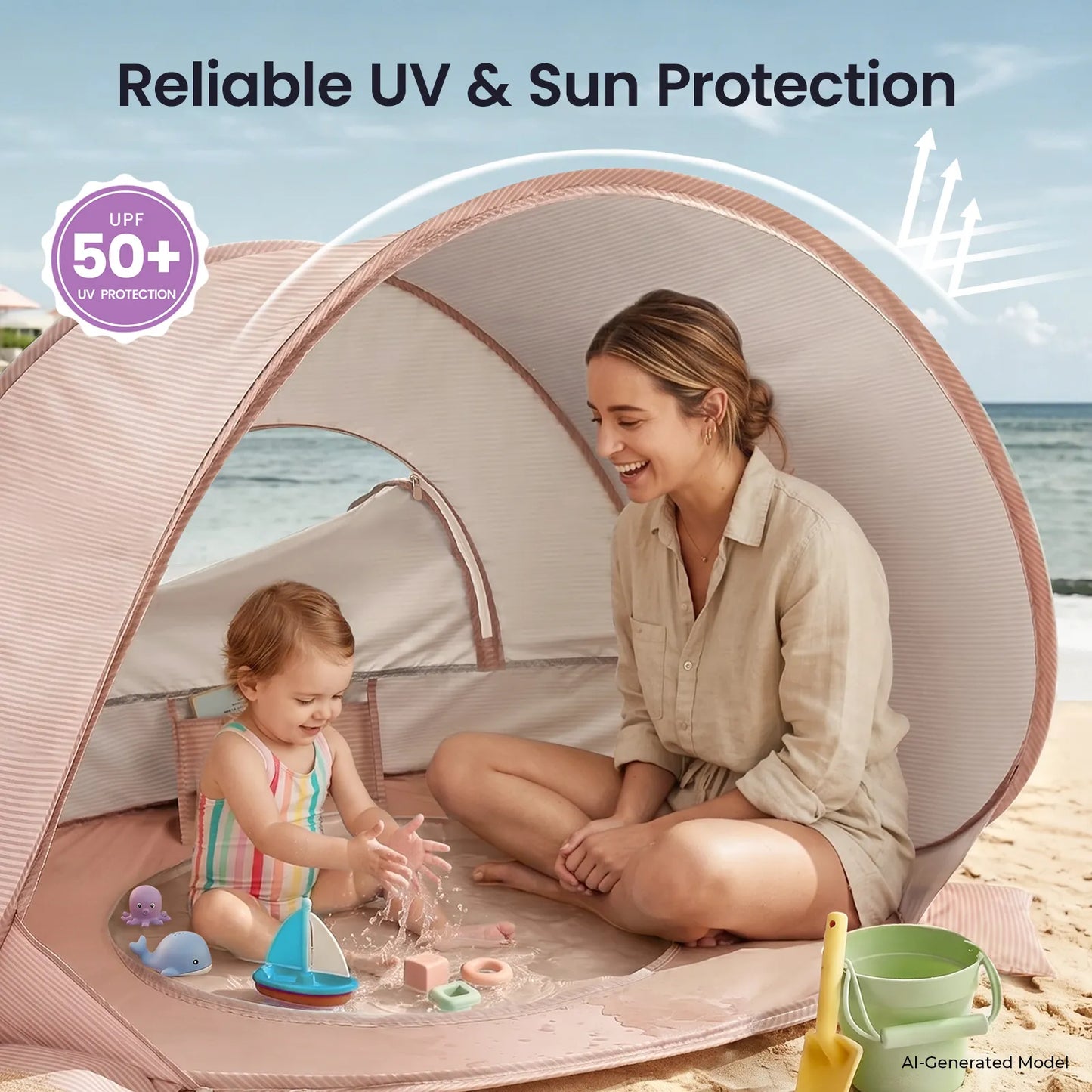 Tiny Land® 3-in-1 Baby Beach Tent with Built-In Splash Pool – UPF50+ Shade, Wind Protection & Water Play | Toddlers