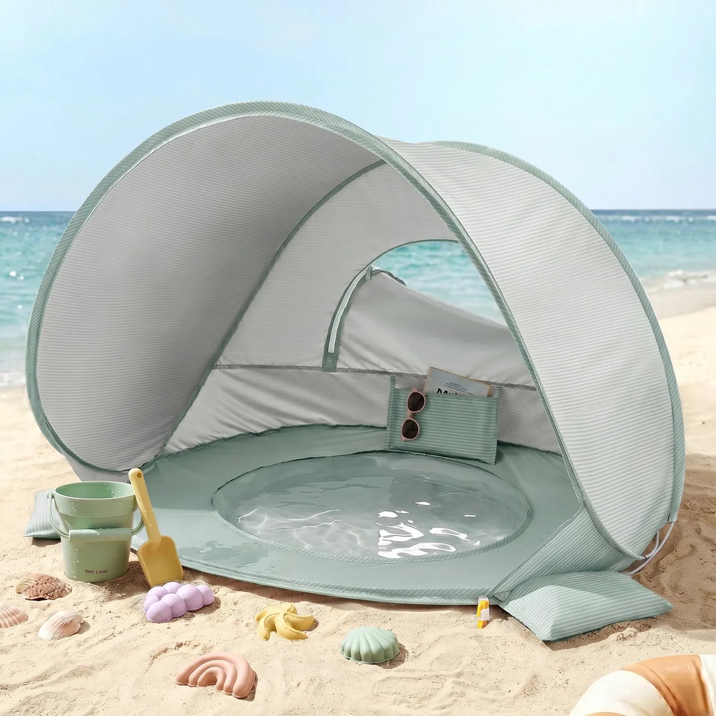 Tiny Land® 3-in-1 Baby Beach Tent with Built-In Splash Pool – UPF50+ Shade, Wind Protection & Water Play | Toddlers