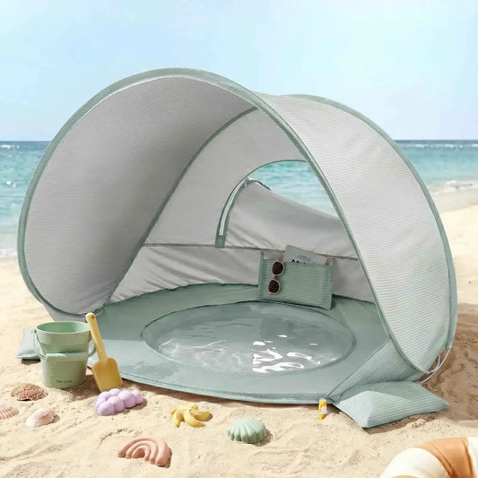 Green 3-in-1 baby beach tent with splash pool and mesh side windows