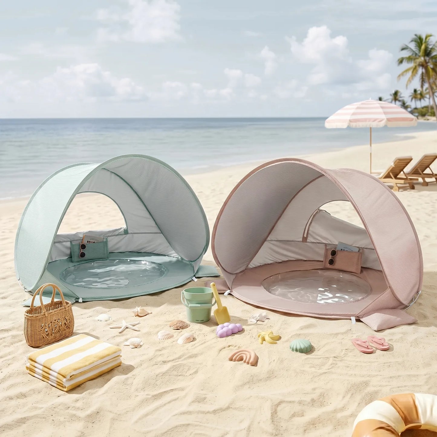 Tiny Land® 3-in-1 Baby Beach Tent with Built-In Splash Pool – UPF50+ Shade, Wind Protection & Water Play | Toddlers