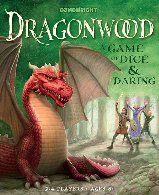 Dragonwood board game box front with red dragon and adventurers under an arch
