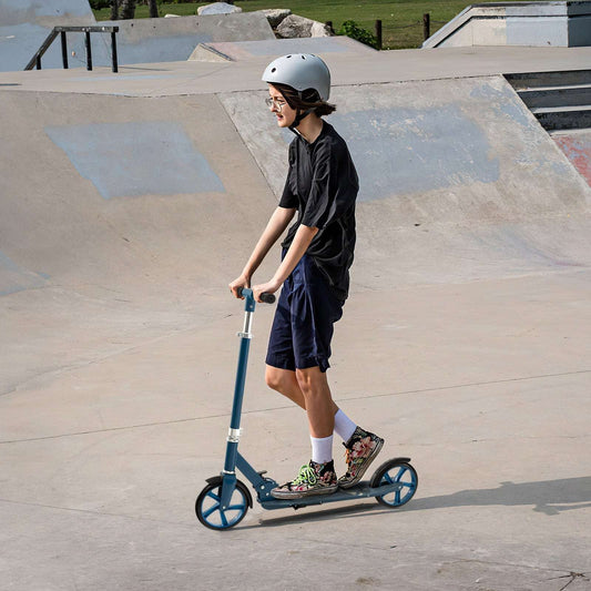 Blue folding aluminum kick scooter with adjustable handle and two blue wheels.