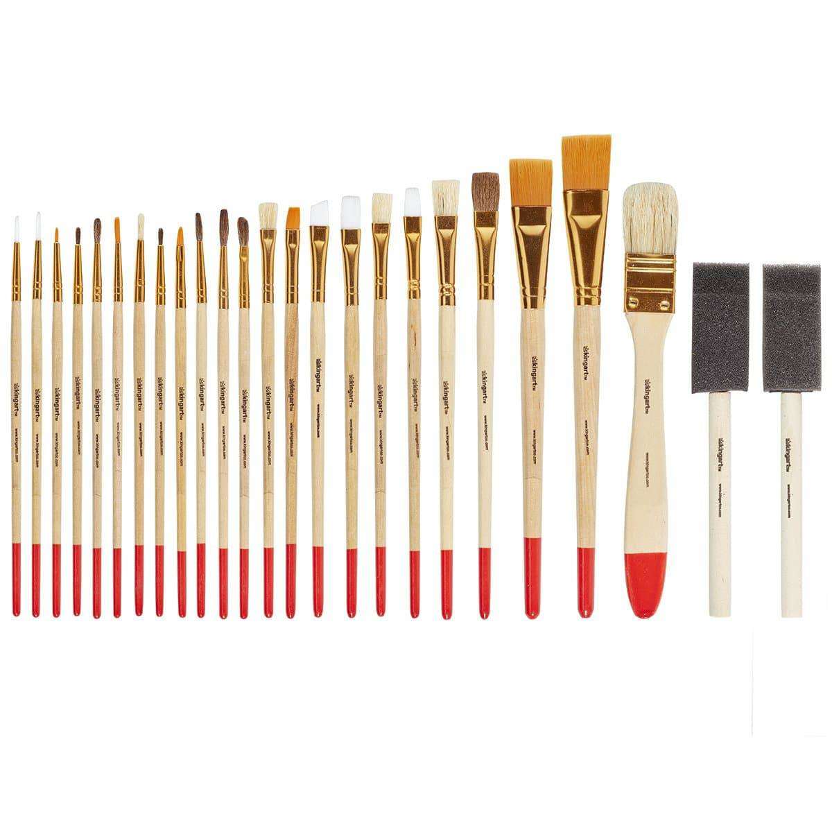 Assorted art brushes set of 25 with flat, angled, and round bristles on pale handles