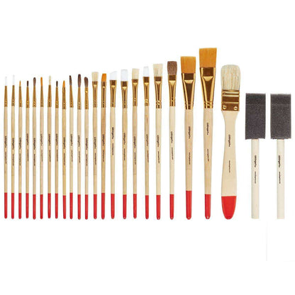 Assorted art brushes set of 25 with flat, angled, and round bristles on pale handles