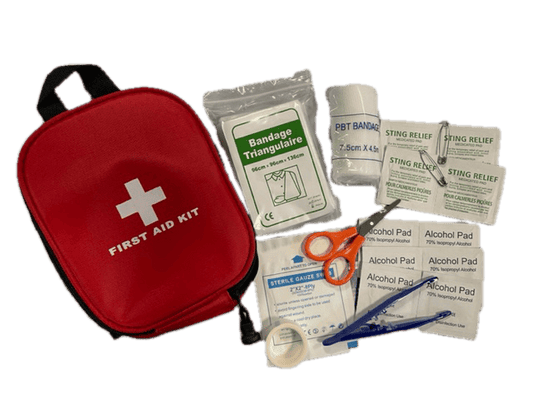 Compact red first aid kit case with white cross, open with bandages and supplies
