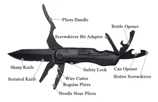Black folding multi-tool knife with pliers, screwdriver bit adapter, bottle and can openers