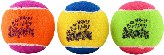 Set of 3 plush squeaky birthday tennis balls with Happy Birthday on each ball