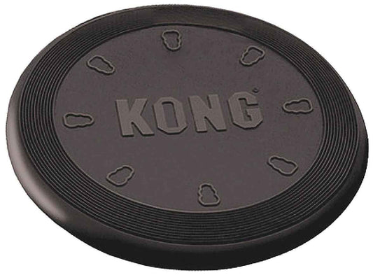 Black KONG rubber flying disc dog toy with textured edge and bone details