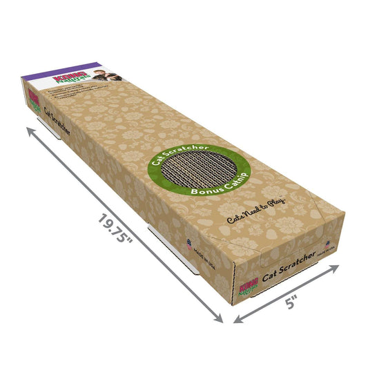 Tan floral cat scratcher with sisal pad and catnip badge, 19.75 in x 5 in