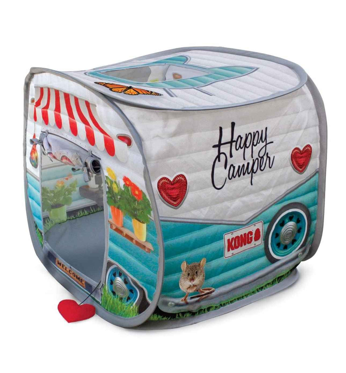 KONG pop-up camper cat toy with mesh door, sunroof panel, and Happy Camper hearts