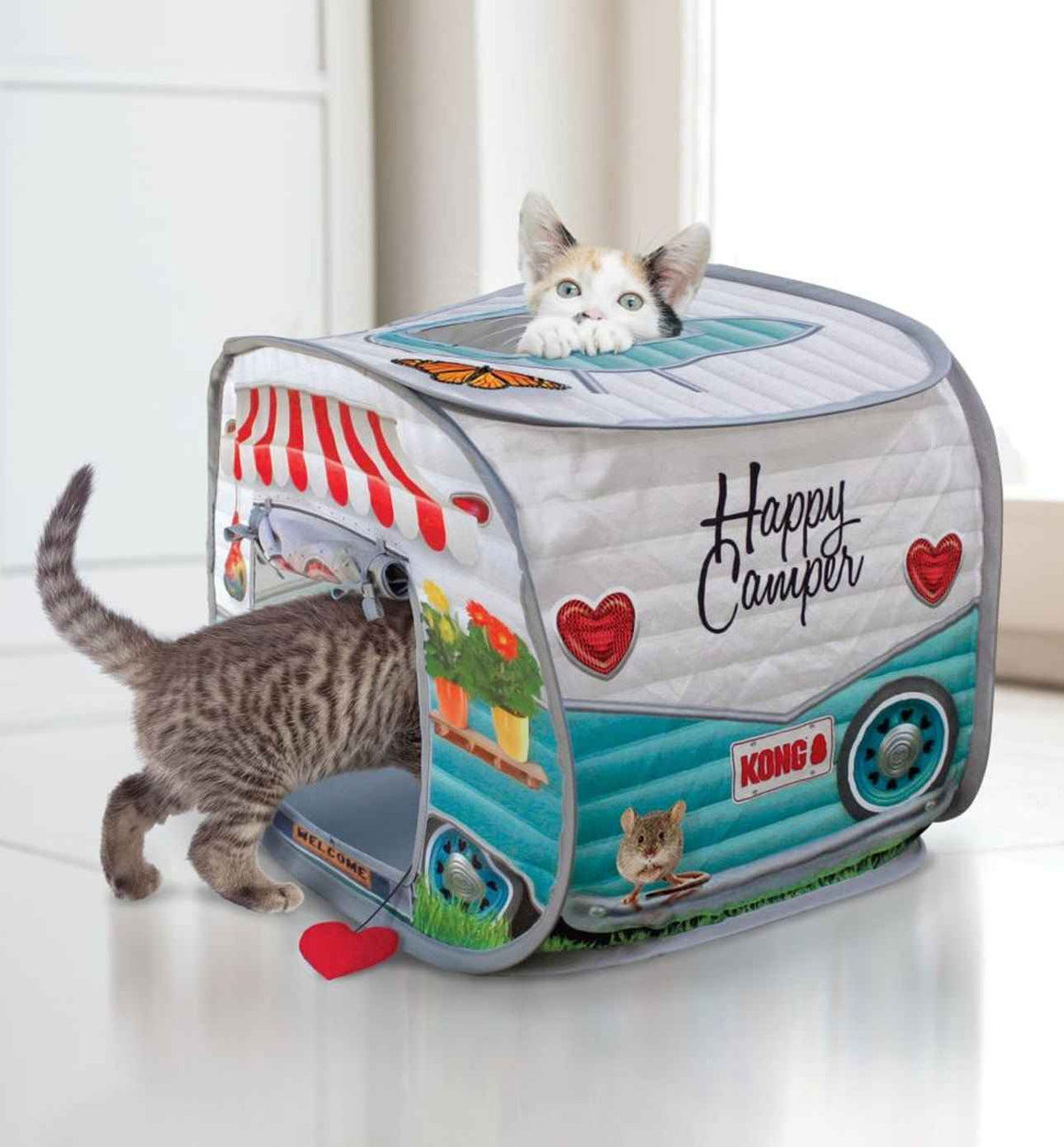KONG pop-up camper cat toy with mesh door, sunroof, and kitten at entrance