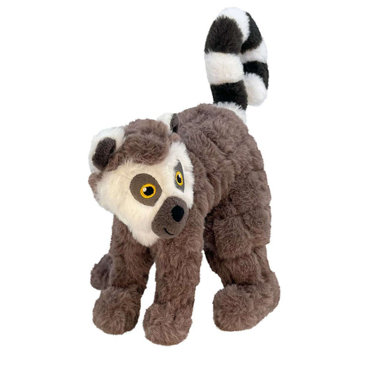 Plush dog toy shaped like a lemur, brown and cream face with yellow eyes, striped tail
