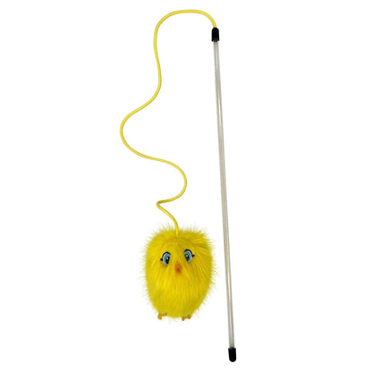 Yellow plush chick teaser cat wand toy with dangling rope and long handle