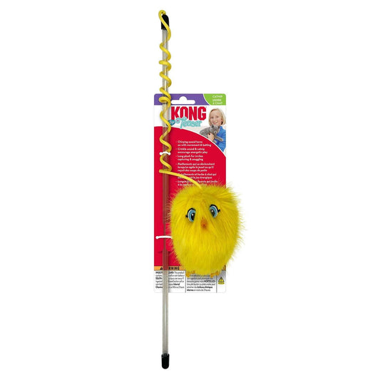 Cat wand toy with yellow plush chick and hanging loop, shown with package