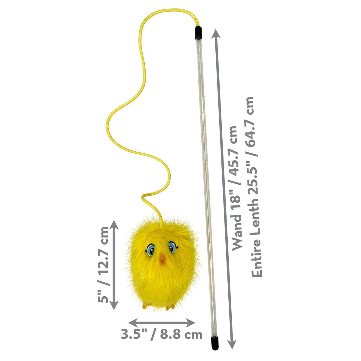 Yellow plush chick teaser cat wand with dangling rope and long handle
