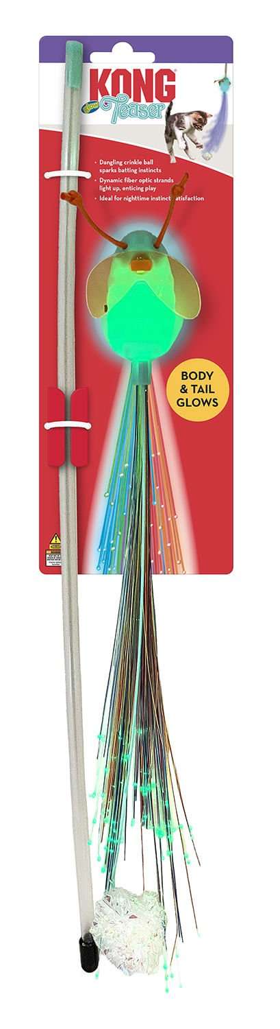 Glow-in-the-dark cat wand toy with green firefly head and fiber-optic light strands