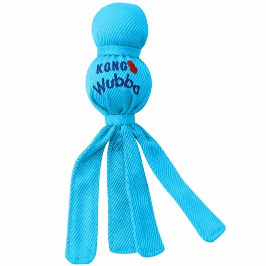KONG Wubba plush dog tug toy, blue ball with dangling fabric straps