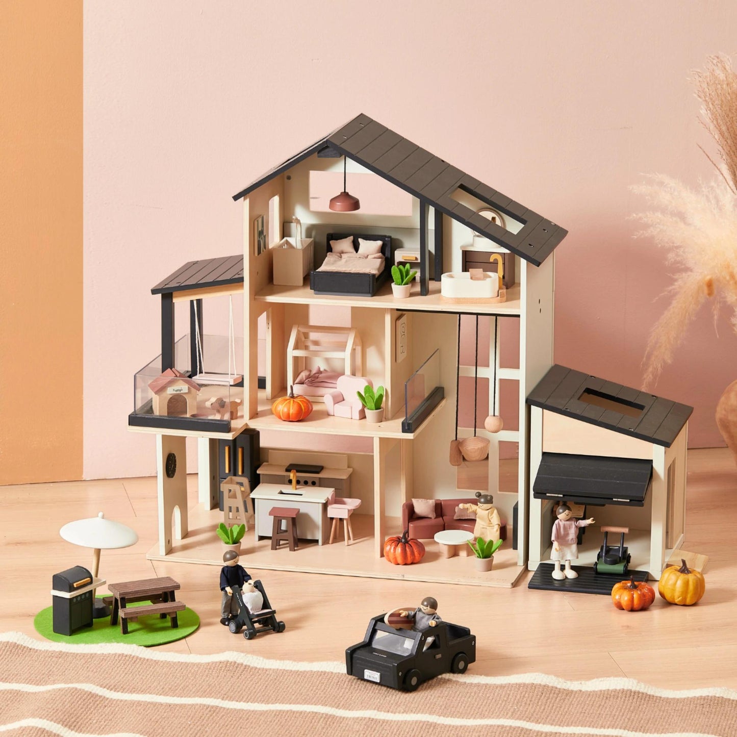 Tiny Land Sweetwood Edge Dollhouse & Garage Bundle – Modern Wooden Dollhouse with Furniture, SUV & Accessories | Ages 3+