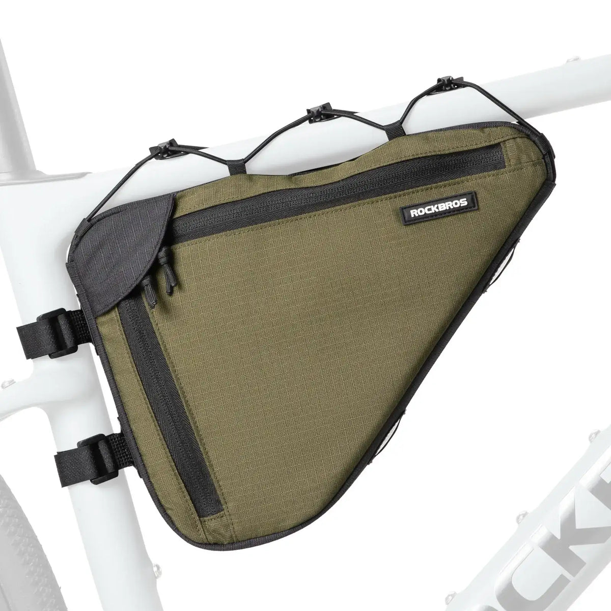 Olive bike triangle frame bag with black trim and zipper, mounted on bicycle frame.