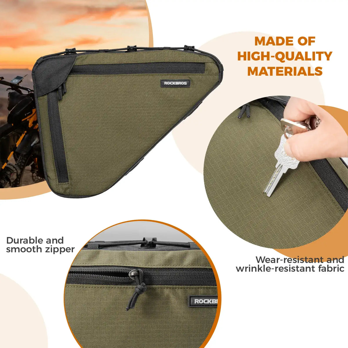 Olive bike triangle frame bag with smooth zipper and black edge piping.