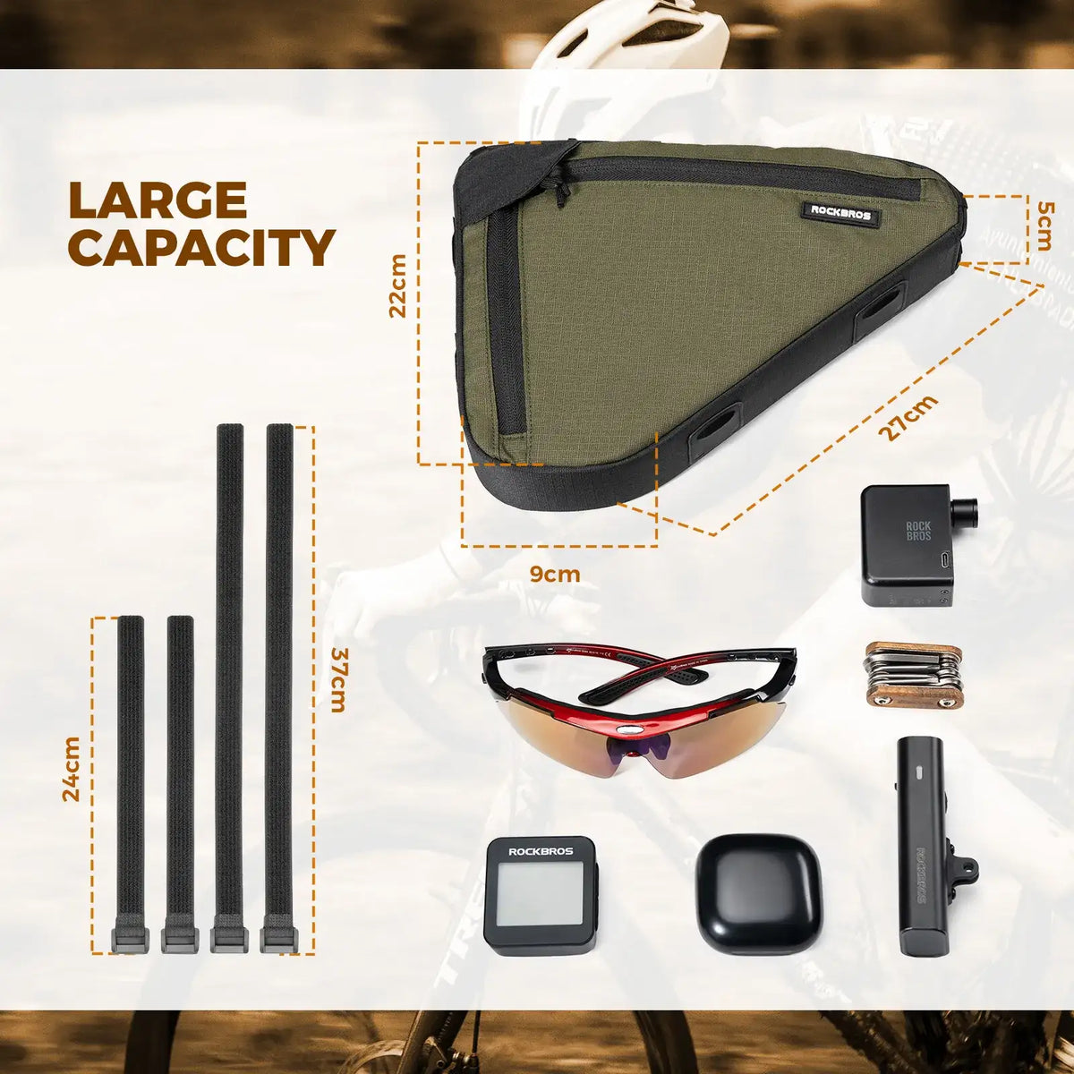 Olive triangle frame bag with black side panels and top handle on bicycle frame.