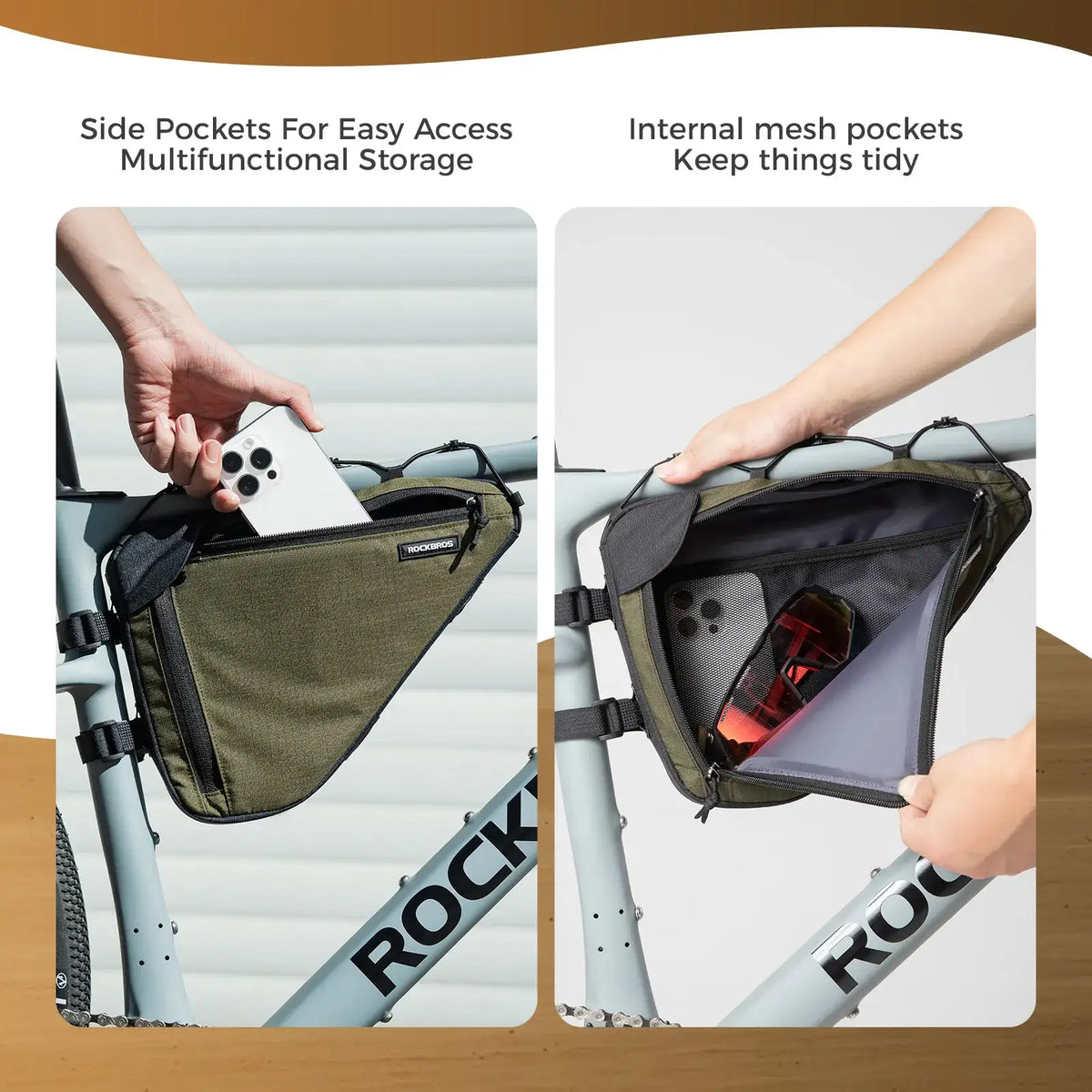 Olive triangle frame bag open to show interior mesh pocket and side storage.