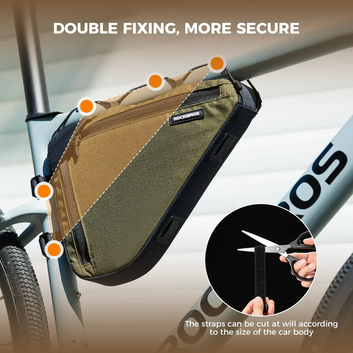 Olive triangle frame bag secured with multiple straps to bicycle frame.