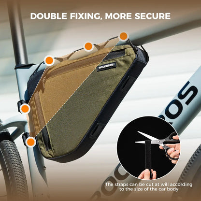 Olive triangle frame bag secured with multiple straps to bicycle frame.