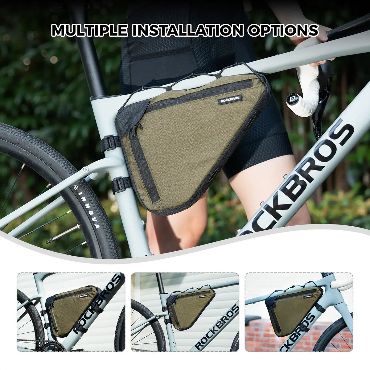 Olive bike triangle frame bag with adjustable mounting straps on bicycle.