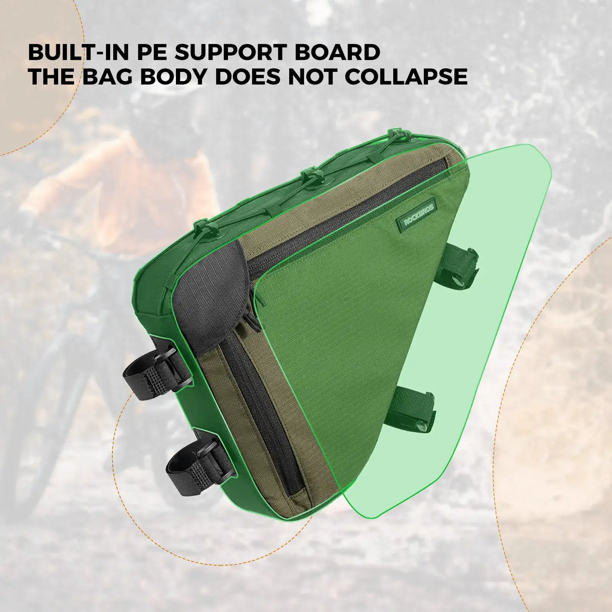 Olive bike triangle frame bag with black zipper trim and mounting straps on bicycle frame.