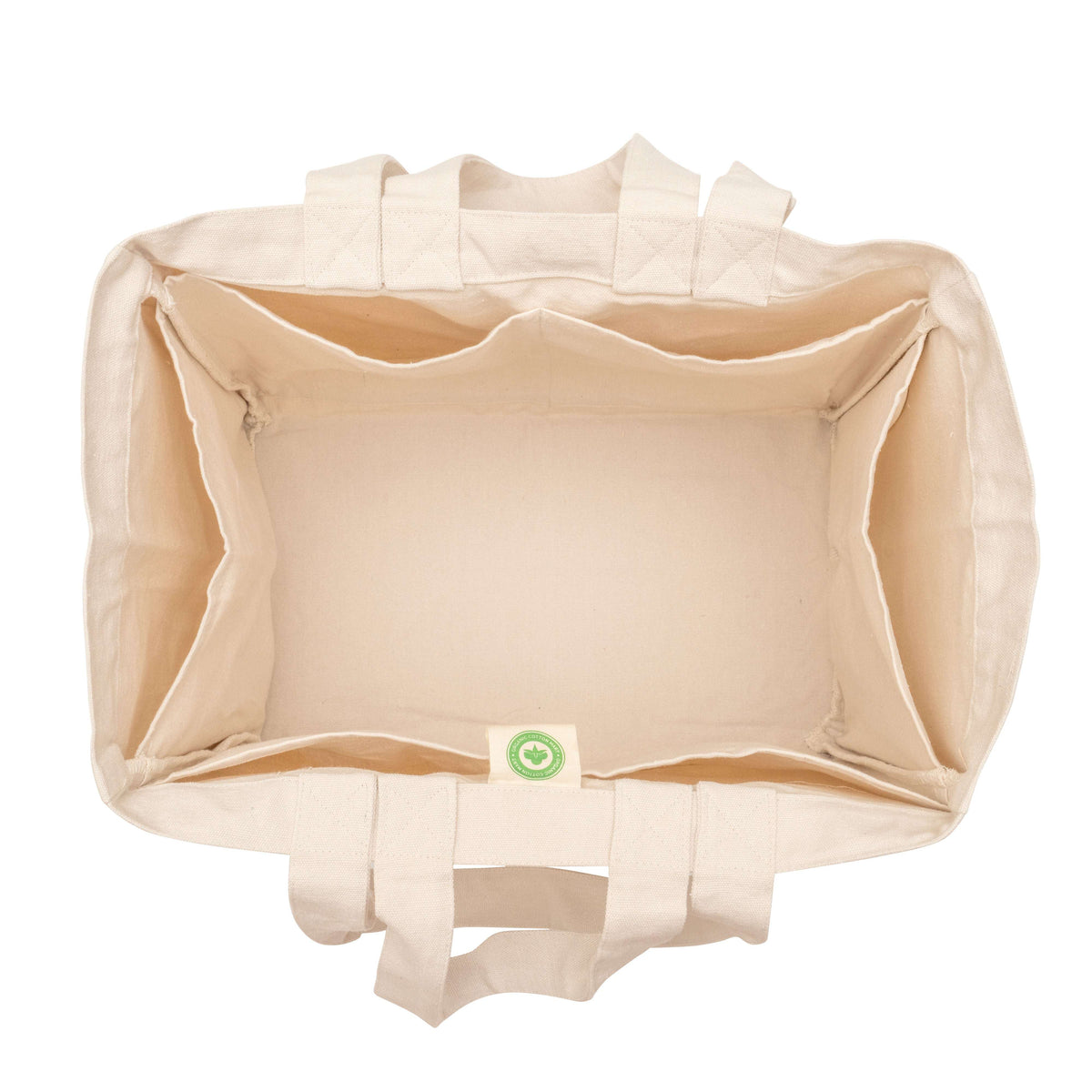 Light beige canvas tote bag with open top and reinforced handles