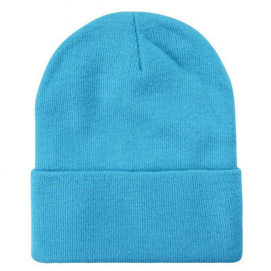 Long slouchy knit beanie hat in turquoise blue, folded cuff, vertical center seam