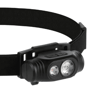 Rechargeable LED headlamp with dual light lenses and adjustable black head strap
