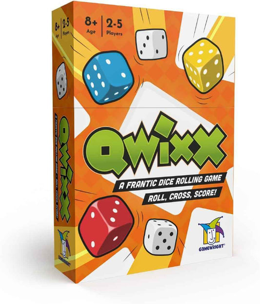 Fast Family dice rolling game box with colorful dice and Qwixx X artwork