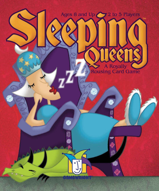 Royally rousing card game box cover with sleeping queen illustration