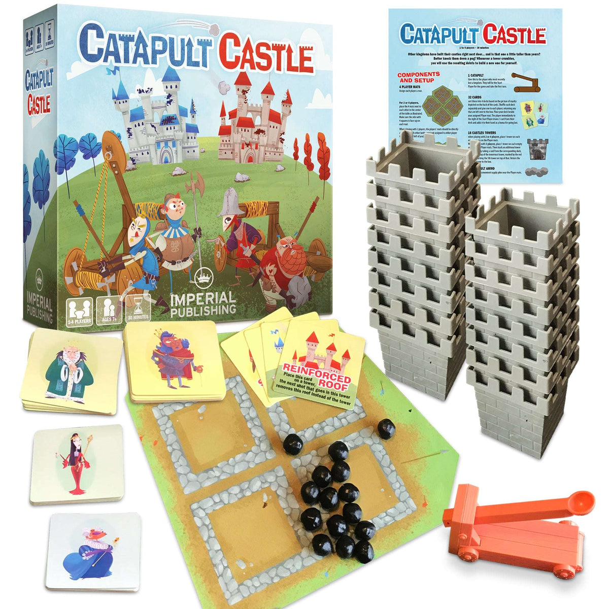 Catapult Castle board game box with gray castle towers, cards, rulebook and orange catapult