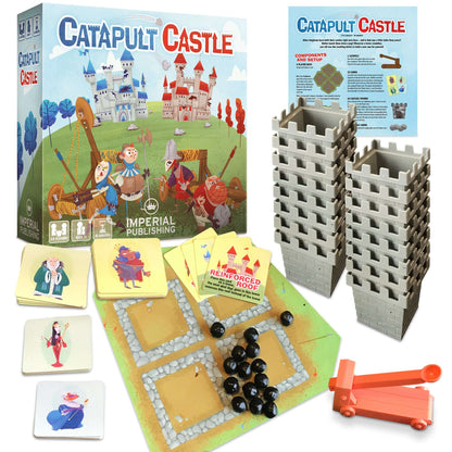 Catapult Castle board game box with gray castle towers, cards, rulebook and orange catapult