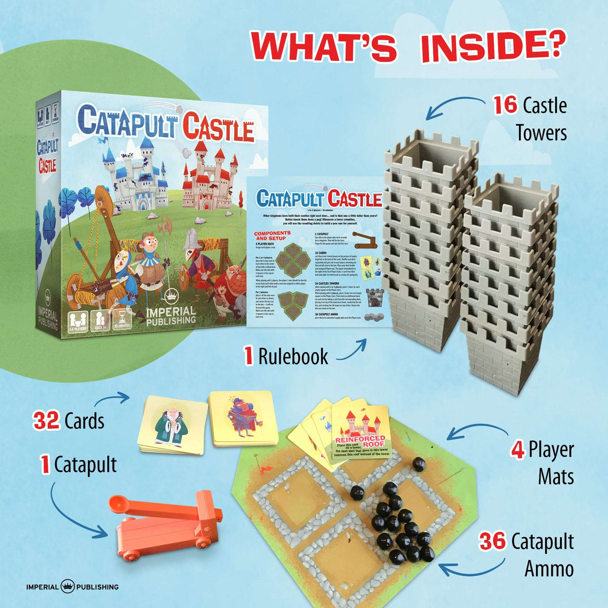 Catapult Castle board game set: castle towers, cards, rulebook, catapult and ammo