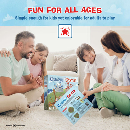Catapult Castle board game box held by family, with medieval castle scene on front